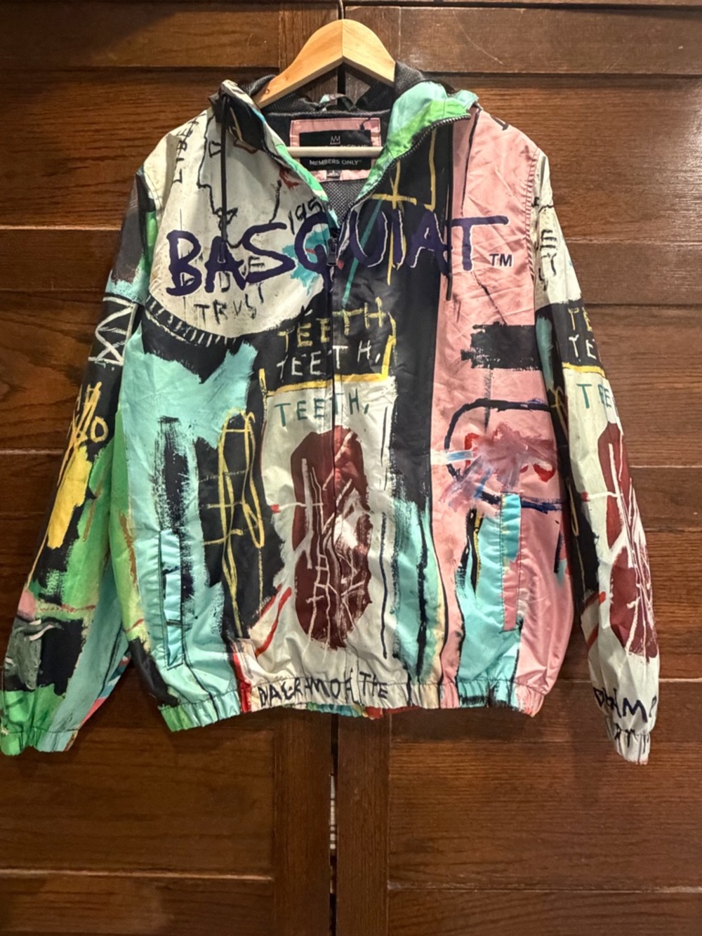 Members Only large Jean Michel Basquiat Multicolor Graphic Zip windbreaker hood